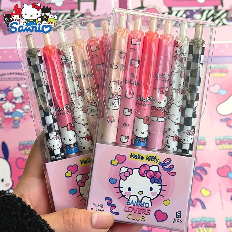 6pcs Sanrio Cartoon Hello Kitty Gel Pen Kawaii Kuromi Office Student Stationery Writing Pen 0.5 Black Test Pen Replacement Core