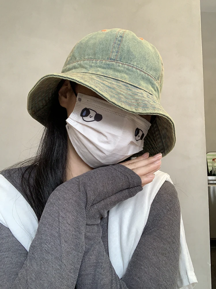Retro Faded Denim Bucket Hat Women's Summer Thin Sun Protection Versatile Face Covering Wide Brim Hat Face Slimming Effect