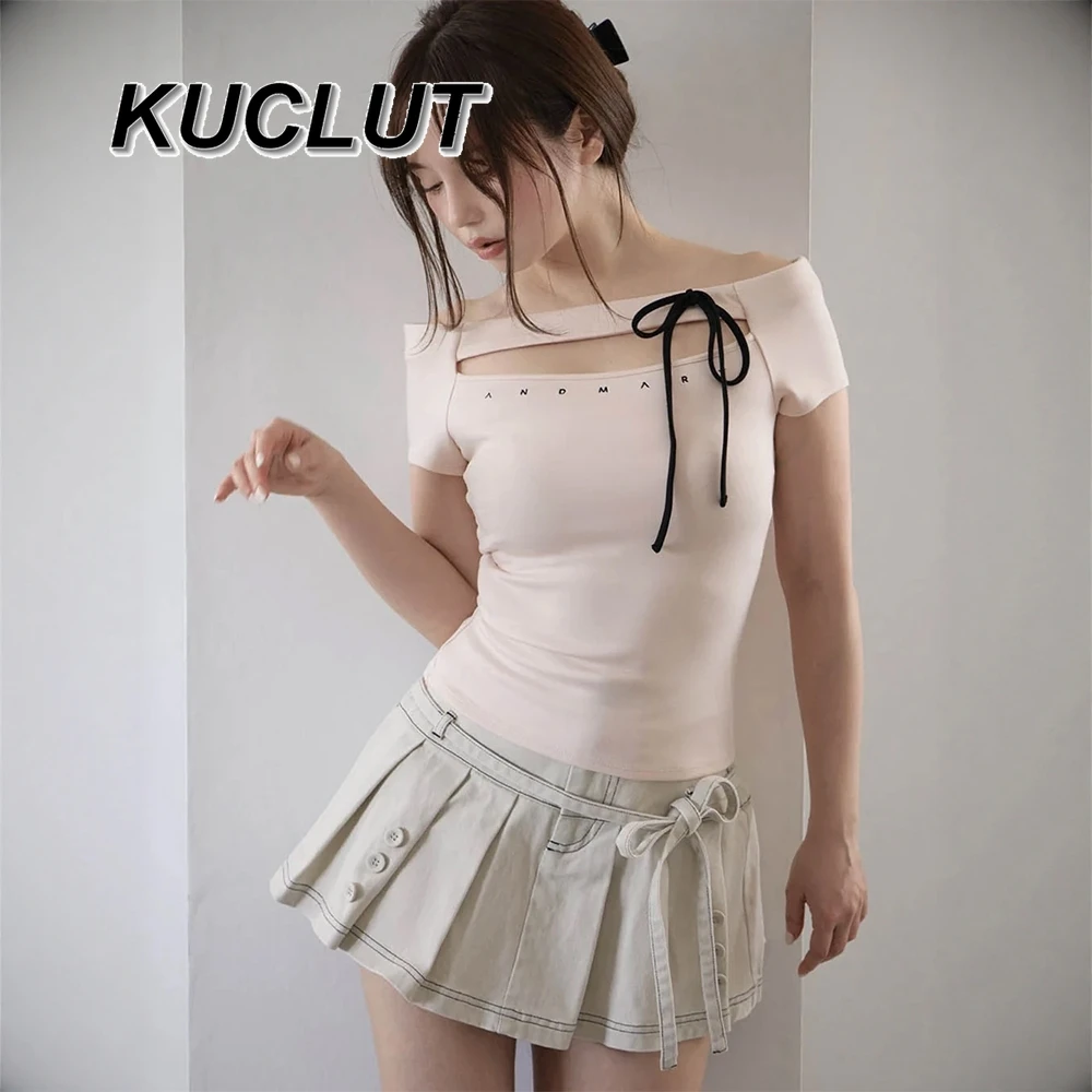 

Off-Shoulder Tee Fashion Solid Color Casual T Shirt Embroidered Short Sleeve Tops Japanese Style Summer Women's T-Shirts