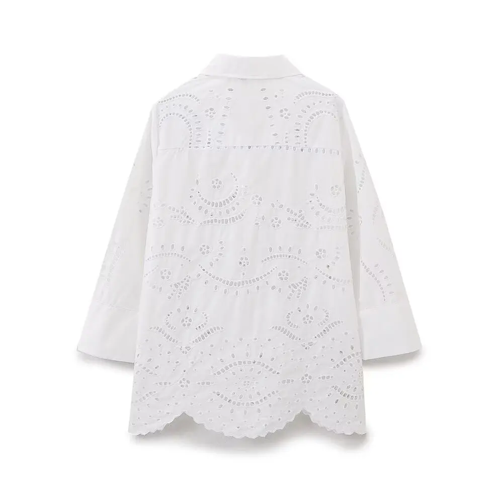 Dave&Di Minimalist Cotton Embroidered Hollowed Out Shirt Women Japanese Style Kimono Blouse Women Pullover Tops