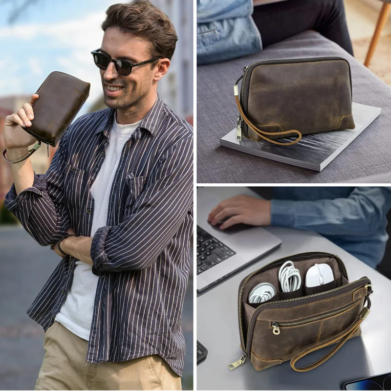 Retro Crazy Horse Cowhide Data Cable Bluetooth Headset Storage Bag with Wristband Waterproof Men's Clutch Wallet Brown