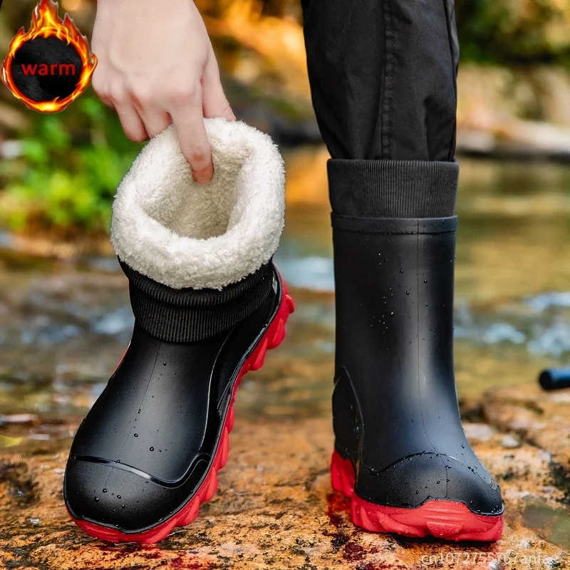 Men'sThickened Fleece Lined Mid-Calf Rain Boots Anti-Slip Waterproof Work Rubber Boots Car Wash Fishing Outdoor Work Boots