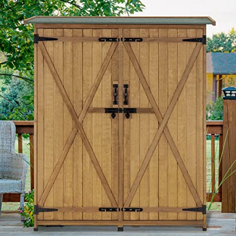 Outdoor storage cabinet with shelves, wood garden shed with floor, outside tool shed with 2 lockable doors for yard patio lawn,