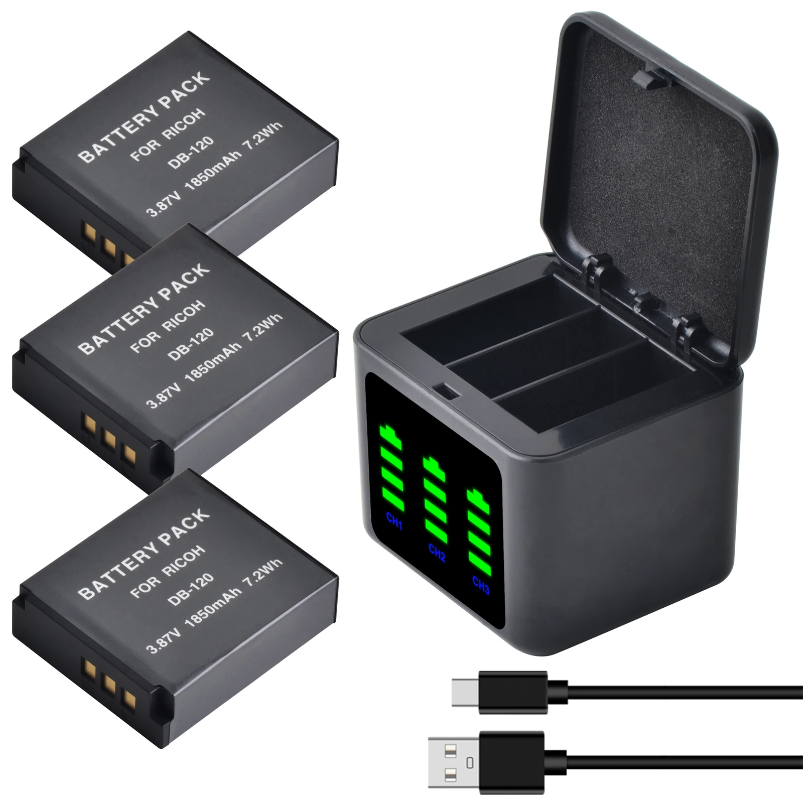 DB-120 Rechargeable Lithium-ion Battery,Triple Battery Charger with Type-C/Micro USB, Compatible with Ricoh GR IV GR4 Camera