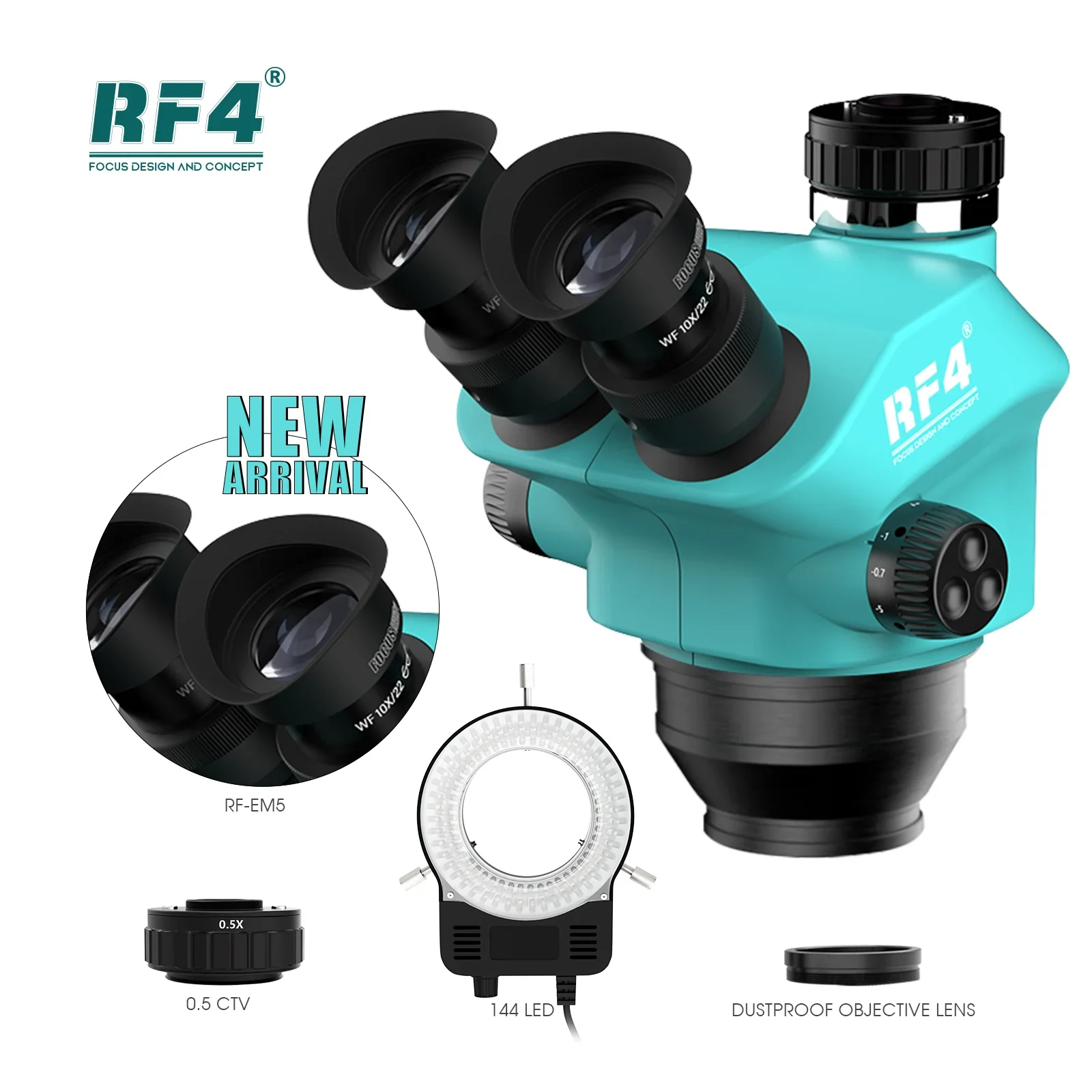 RF4 7-50X microscopio trinoculare testa Simul focale Zoom continuo microscopio Stereo WF10X/22mm oculare 144 lampada a LED 0.5X CTV Len