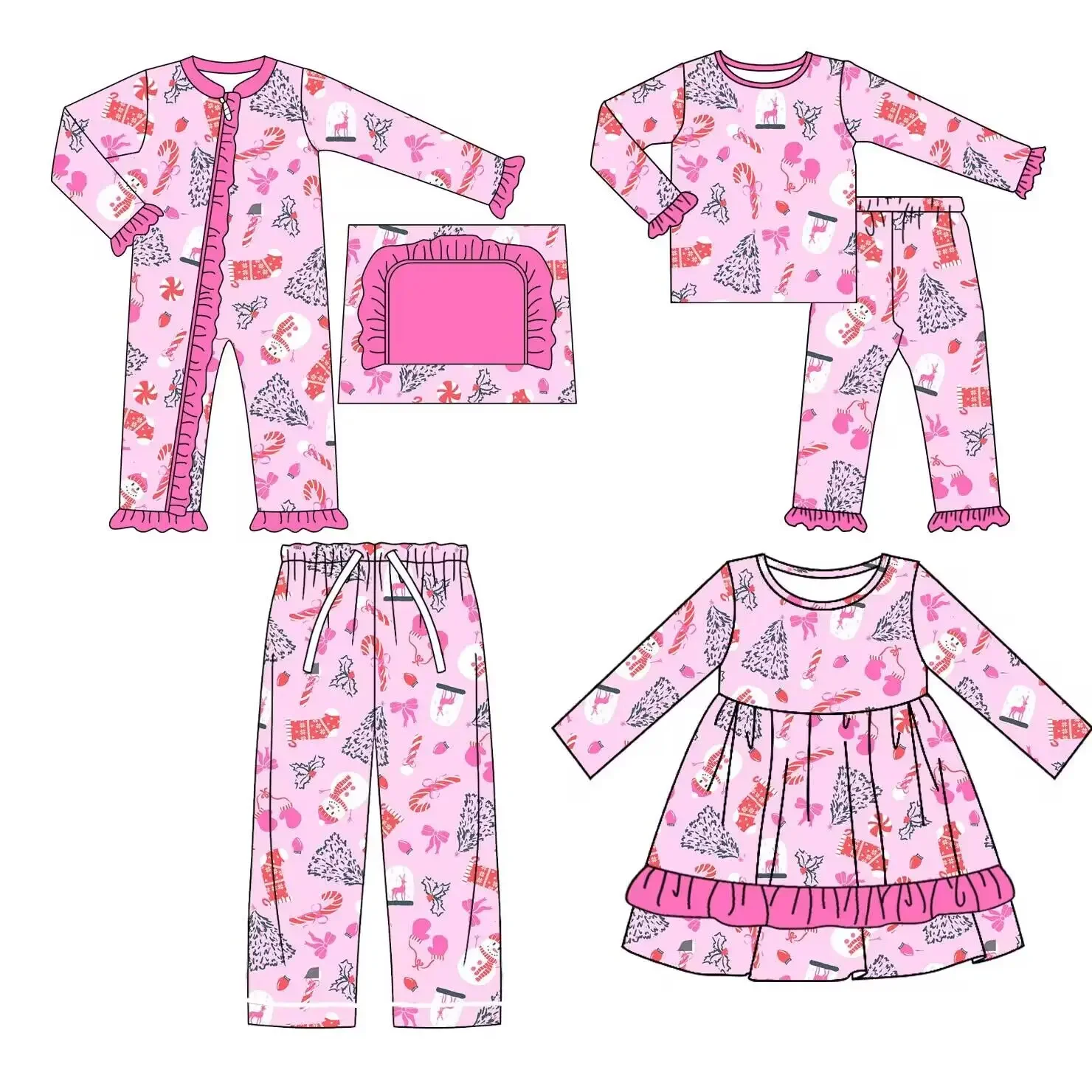 عيد الميلاد جديد طويل الأكمام الدانتيل ثلج شجرة الغزلان طباعة السراويل الدانتيل الفتيات منامة بوتيك الأطفال مجموعة الطفل سستة بذلة