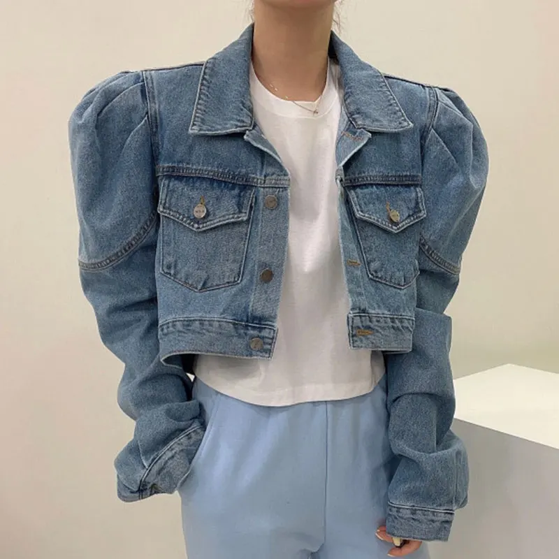 Retro Chic Short Bubble Sleeve Jacket Double Pocket Turn-down Collar Embroidery Design Cotton Denim Women's Outerwear Coat