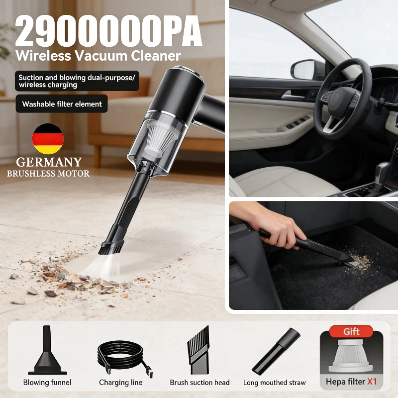 2900000PA Car Vacuum Cleaner 4 in 1 Wireless Portable Blowing Suction USB Charging Powerful Handheld Cleaner for Car Home Office