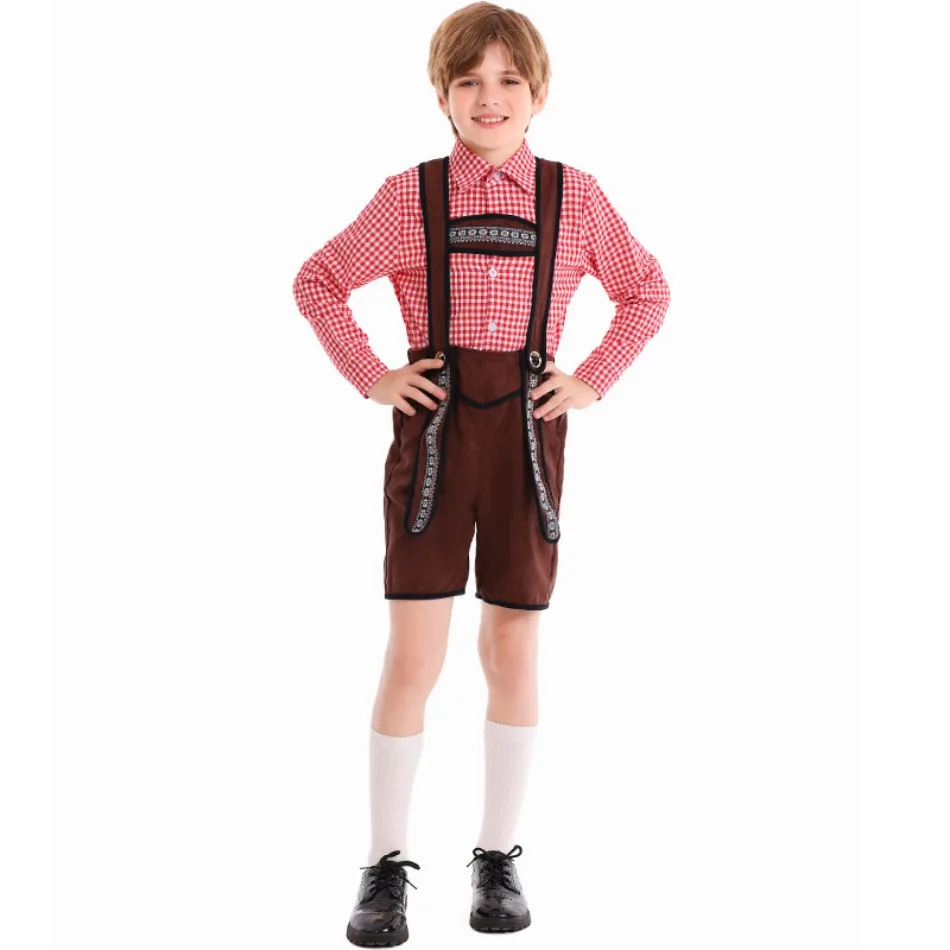 German Traditional Beer Festival Childrens Clothing School Art Performance Red Plaid Straps Ethnic Boys Oktoberfest Costumes