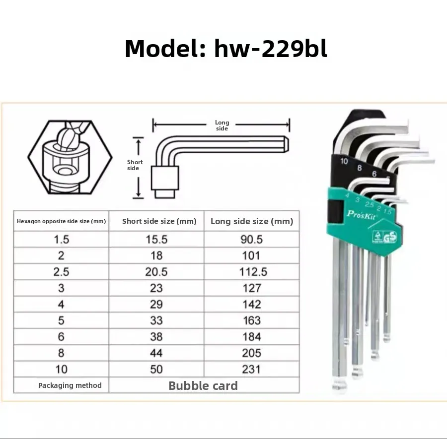 Hex Key Set Long Arm Ball End 9PCS Metric 4-12mm CR-V Steel Multipurpose Allen Wrench Tool Kit