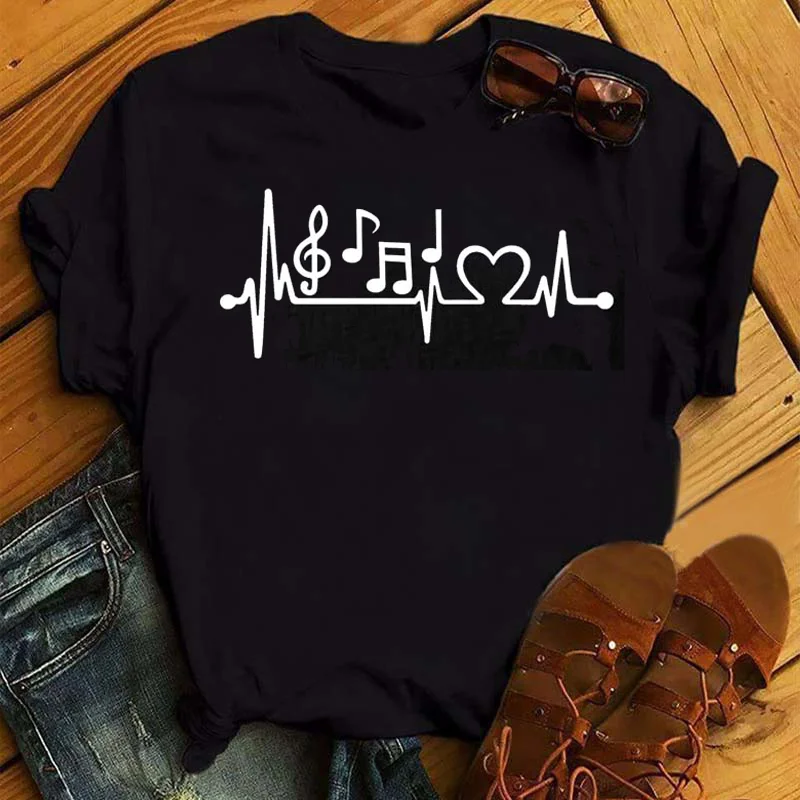 

New Music Note Heartbeat Printed Women T Shirt Hipster Short Sleeves T-shirt Female Fashion Harajuku Black Tops T Shirt Clothing