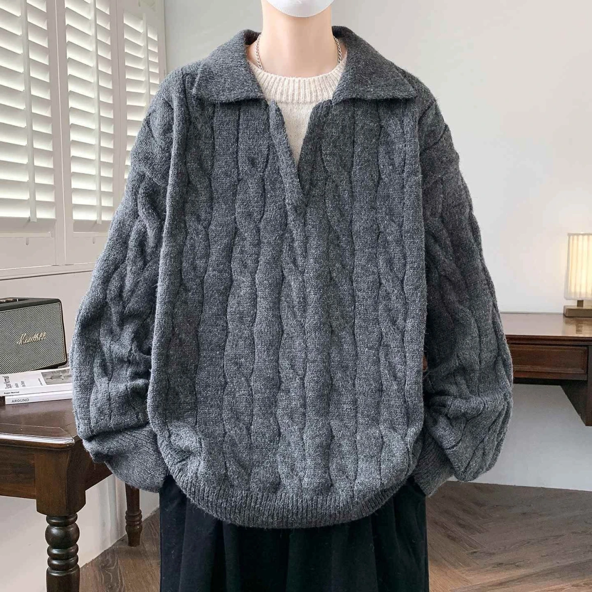 

Loose Fit Men's Knitted V-Ne Sweater Twist Design Korean Lazy Sle Autumn Winter Faion College Wind Outerwear Coat