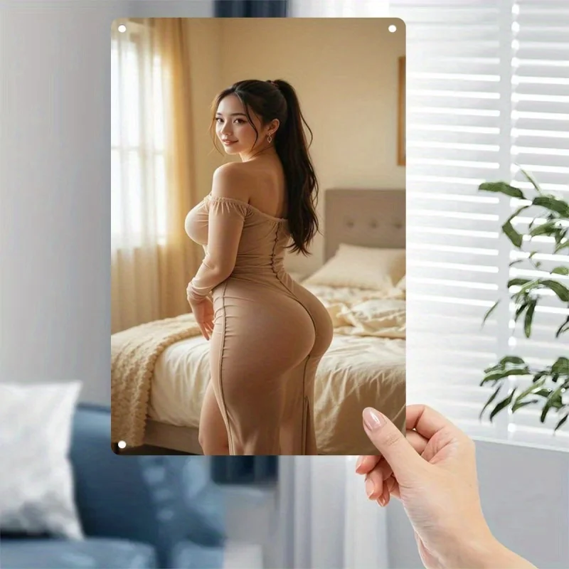 

Rustic Retro Advertising Sign for Home Decor，Metal Poster - Female in Brown Nude-Beige Dress - Heavy-Duty Iron Plate Sign for Ho