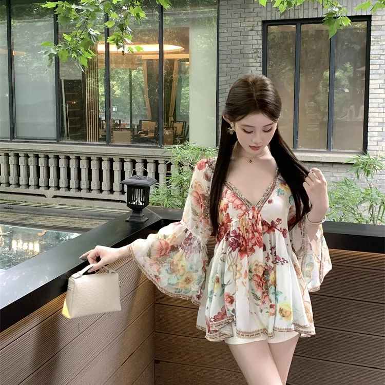 Vaion Sle V-Ne Printed Heavy Rhinestone Slim Design irt Dr Summer New Women's Faion Loose Fit ort Length