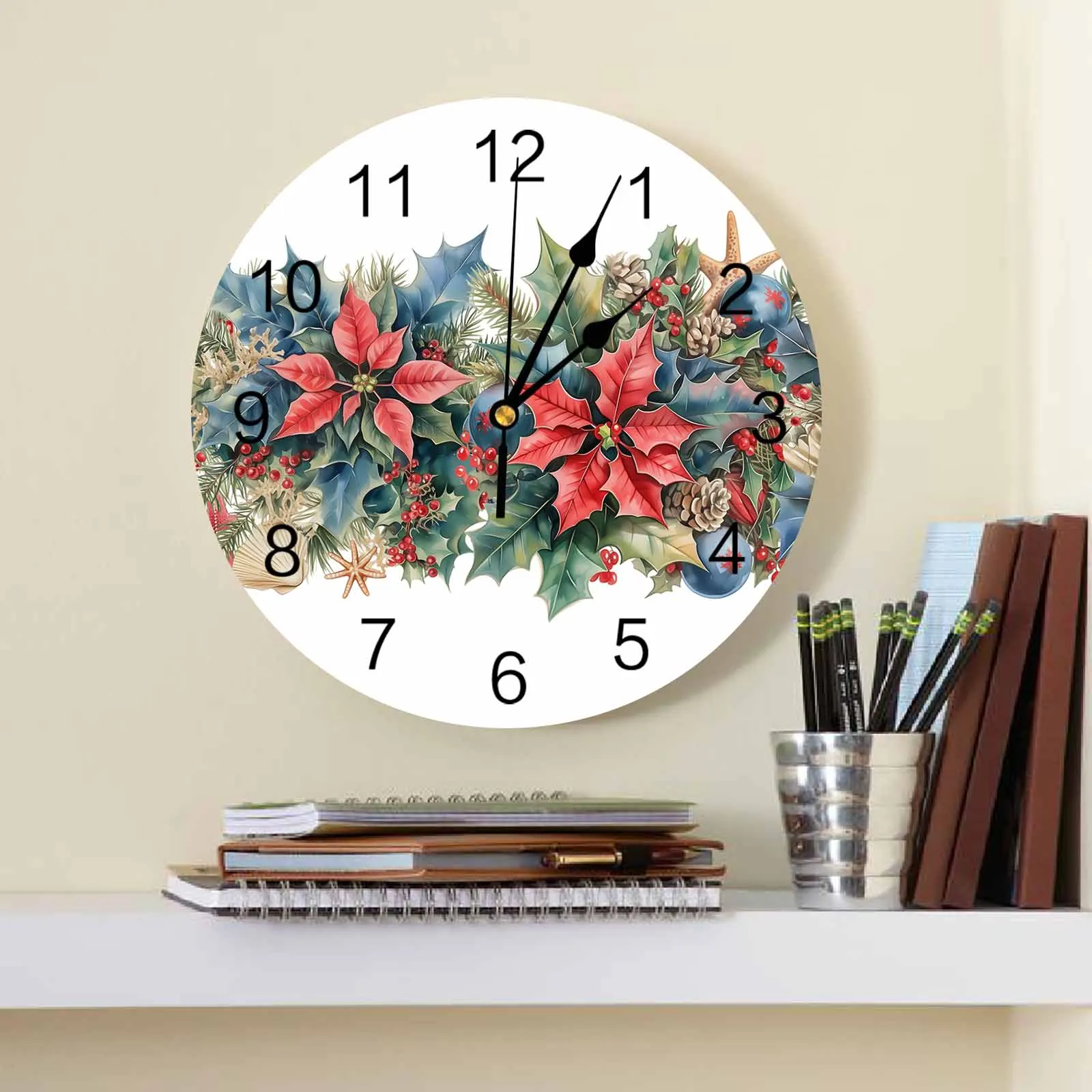 Christmas Watercolor Poinsettia Wall Clock Large Modern Kitchen Dinning Round Wall Clocks Watches Living Room