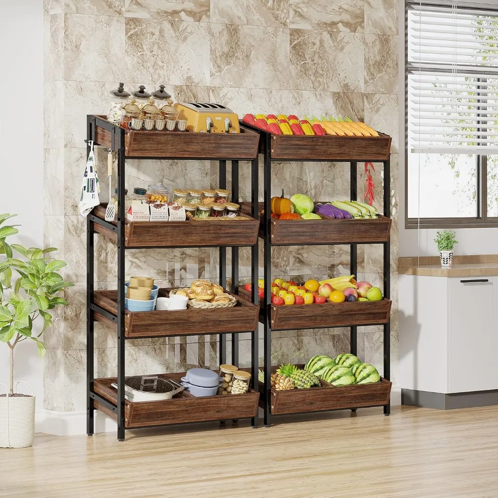 4-Tier Wood Fruit Vegetable Storage Basket Stand Set of 2, Versatile Utility Shelf Rack for Kitchen, Office, Store