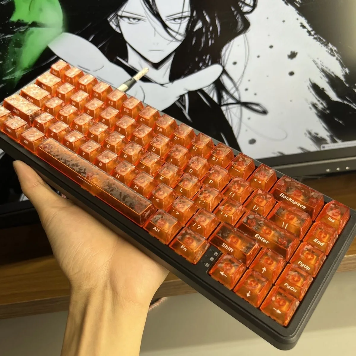 Orange Carbon Fiber Texture Keycap, Engraved Translucent Side Printed Backlit, Cherry Profile, MX Magnetic Switch Keycap