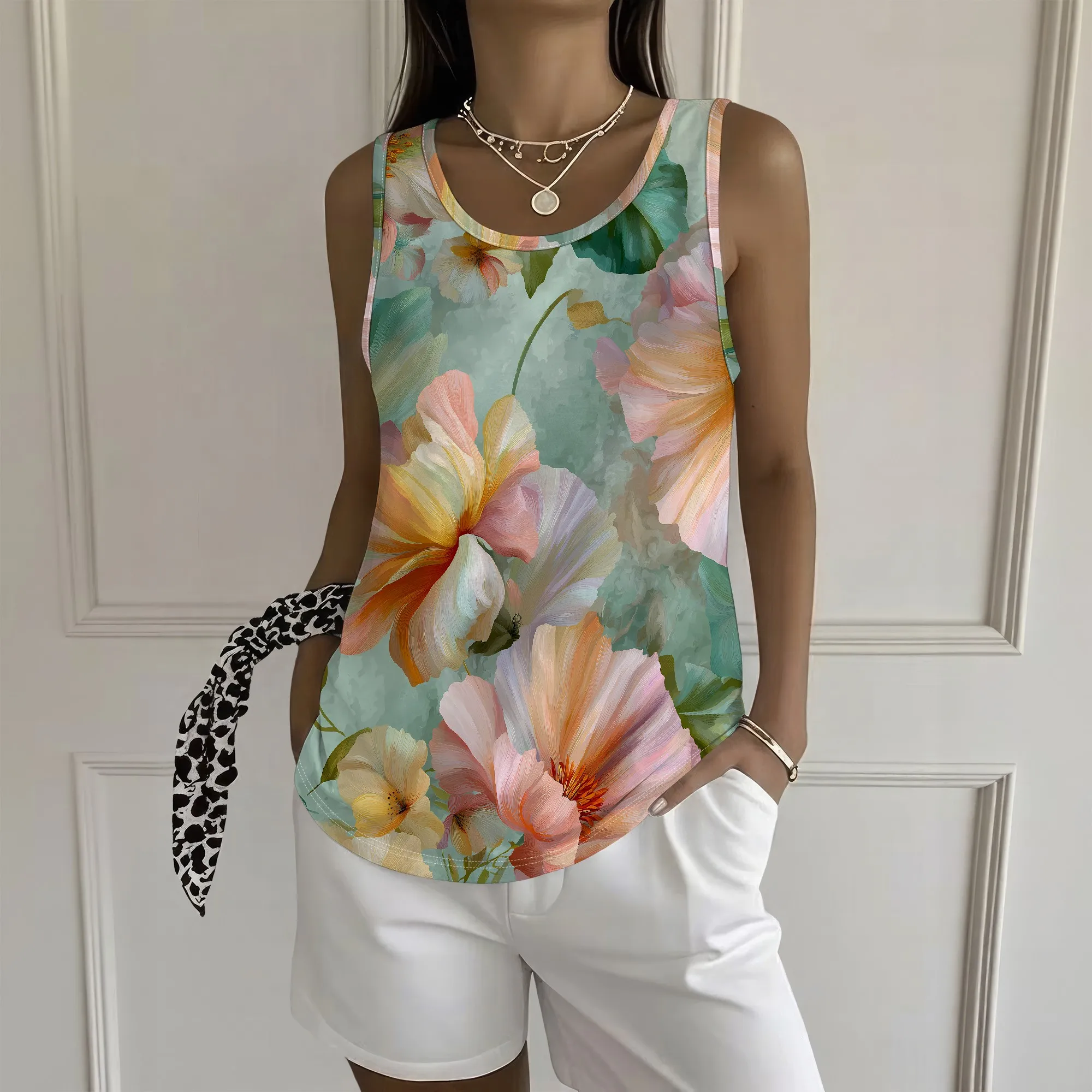 Sleeveless Floral Tank Top, Pastel Flower Print Blouse, Loose Fit Summer Shirt, Casual Vacation Wear, S-2XL
