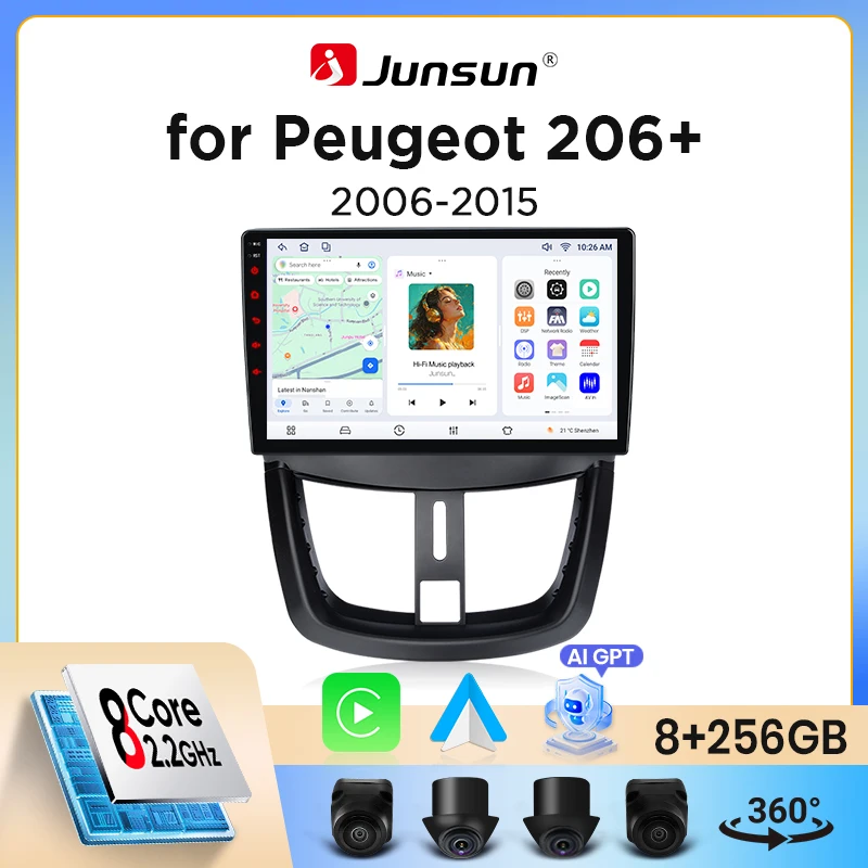 Image of Junsun Wireless CarPlay Android Auto Autoradio für Peugeot 206+ (T3E) 2009-2013 mit eingebautem Lüfter, Android GPS-Navigation, Multimedia-Player, WiFi, DSP, RDS, BT, SWC, IPS-Touchscreen, Autoradio,