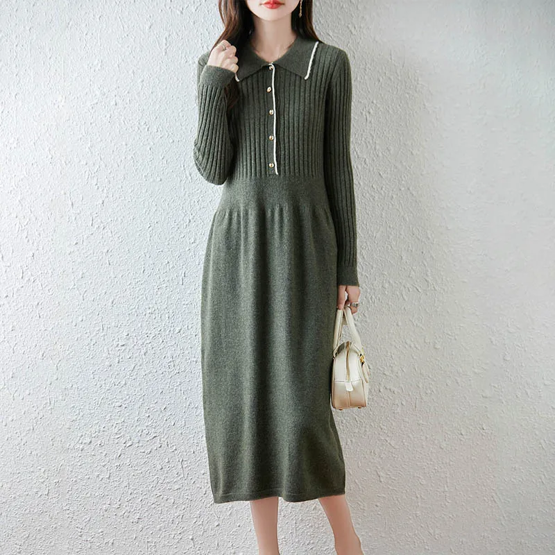 100% Wool Women's Midi Dress, Polo Neck with Buttons Solid Color Knitted Dress, Autumn Winter Elegant Slim Woolen Dress