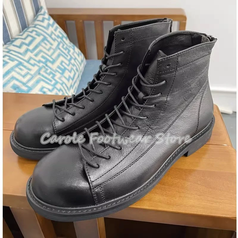 Handmade Genuine Leather Lace-Up Short Boots for Men Retro High Top Low Heel Motorcycle Boots Male Outside Footwear Casual Shoes