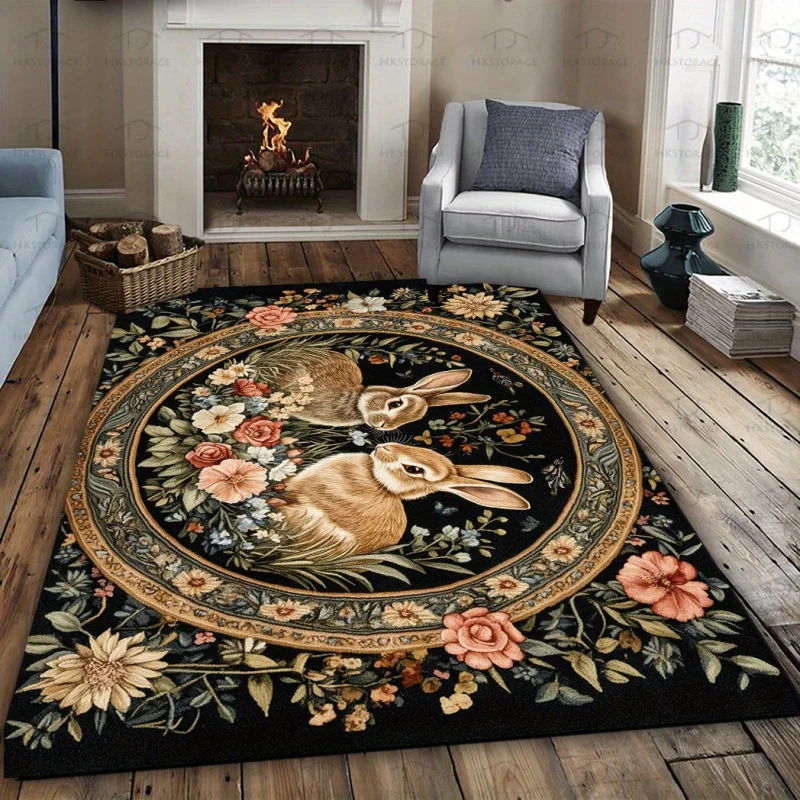 

Ковер VIKAMA в винтажном стиле с цветочным узором и изображением кролика, декоративный напольный коврик для гостиной, мягкий и удобный коврик для спальни, украшение для дома