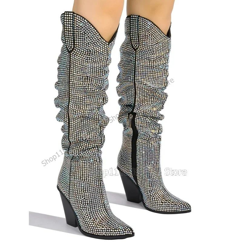 

Colorful Crystal Decor Silver Black Pointed Toe Boots Side Zipper Women Shoes Chunky Heels Sexy Runway 2023 Zapatos Para Mujere