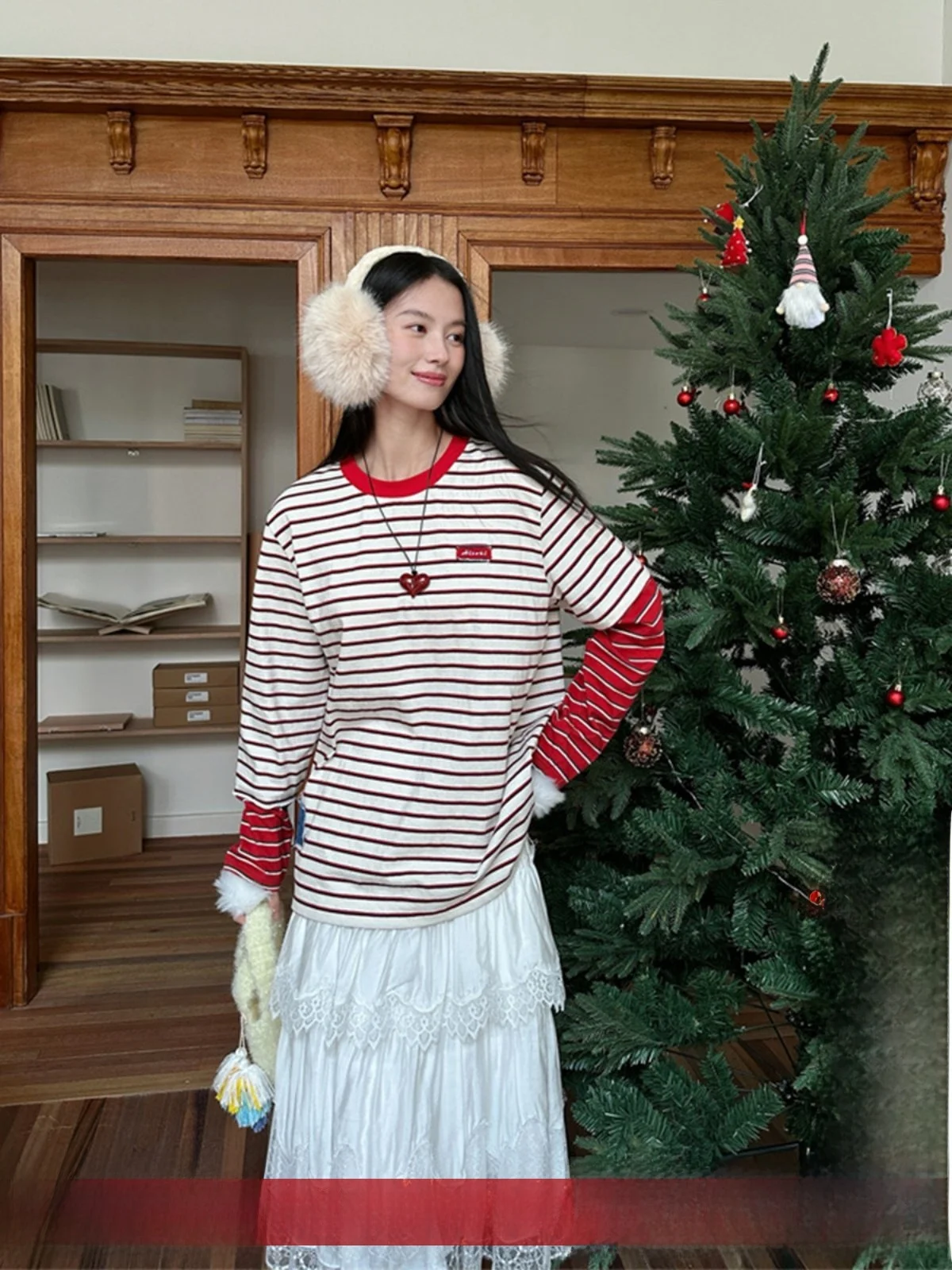 

Brand Patchwork Red Stripe T-irt Spring Summer Casual Sle Long Sve Cotton Crew Ne Top for Young Women