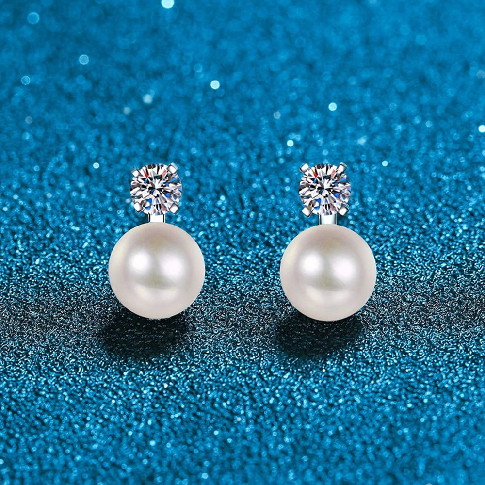 Wong Rain 18K Gold Plated 925 Sterling Silver VVS1 8MM Pearl Real Moissanite D Diamond Stud Earrings Wedding Fine Jewelry GRA