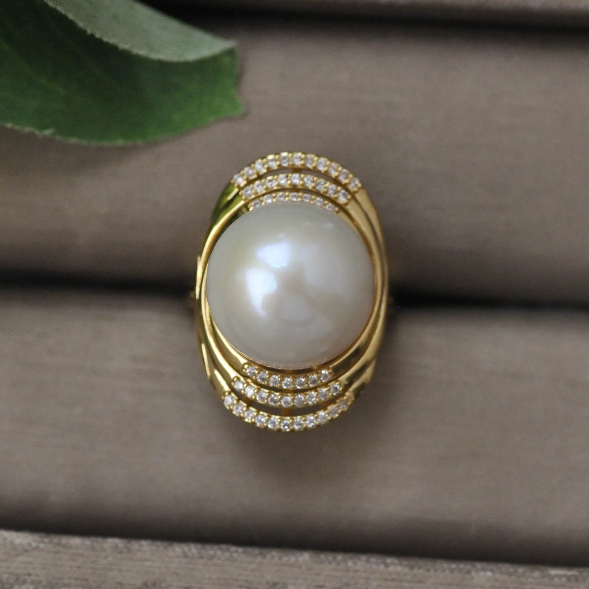 Z14680 AAA 15mm Multi Layer Twisted CZ  & Round Keshi Edison Pearl Statement Ring Gold Plated Adjustable Cocktail Ring for Women