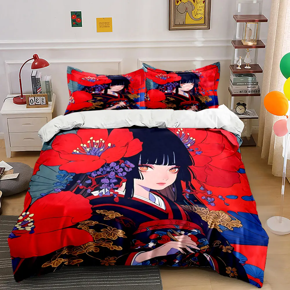 Elegant kimono woman with red flowers Printed Duvet Cover Set1 Duvet Cover+2 PillowcaseMulti Size Bedroom Bedding Decor