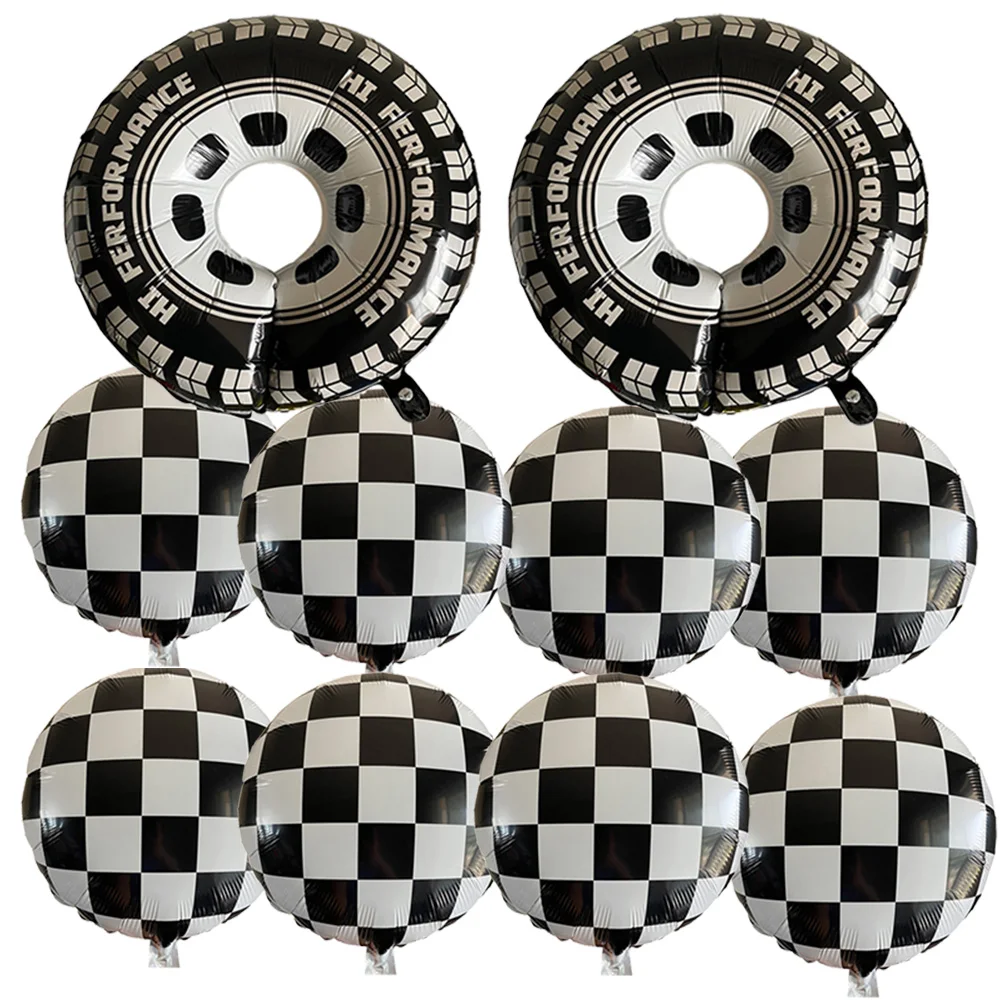 

10 Pcs/set Race Car Tire Balloon With Black and White Checkered Foil Balloons Kids Birthday Party Baby Shower Decor Supplies