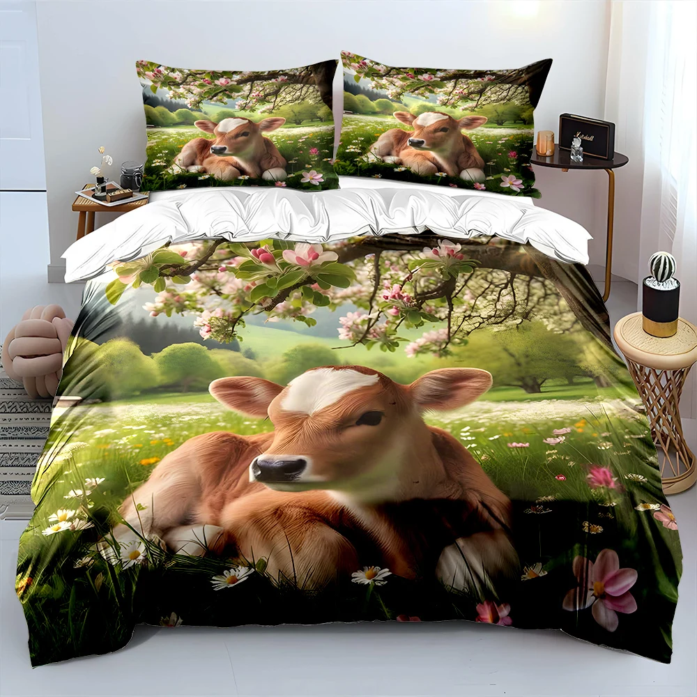 Calf resting under blooming tree Print Bedding Set 1 Duvet Cover 2 Pillowcases for Adult and Children Luxury Gift Full Size