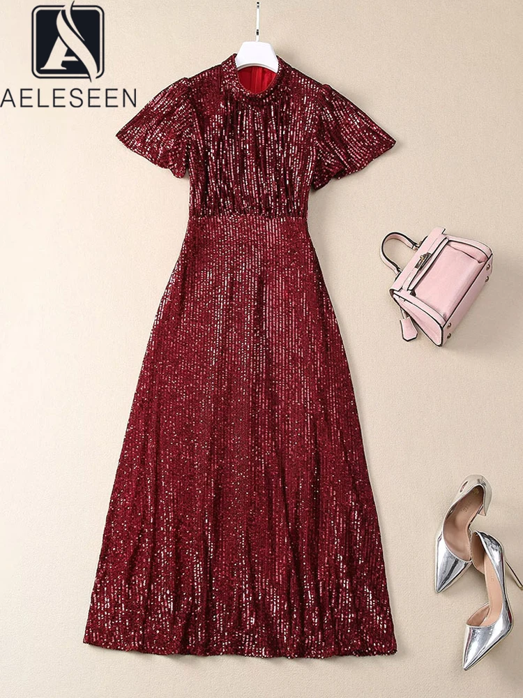 AELESEEN Runway Fashion Sequined Dress Women Spring Summer Turtleneck Blck Flare Short Sleeve Elegant Midi Party Female