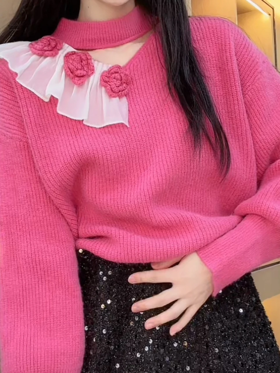 Blue Knitted Hollow out Sweater Women's Autumn Winter plus Size Fluffy Warm Floral 3D Aosphere Sense Slimming Top Trendy