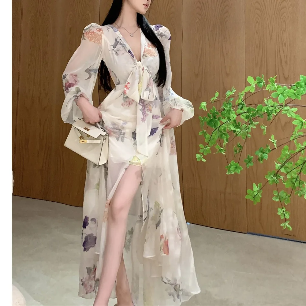 Ele Floral Long Sve V-Ne Dr met knoop taille cinching maxi rok voor dames lente herfst seizoen polyester...