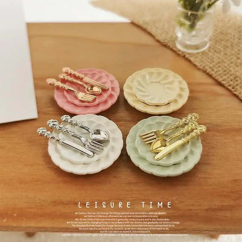 1 ensemble 1:12 maison de poupée Miniature plat à gâteau et couteau fourchette cuillère combinaison modèle maison de poupée accessoires jouets bricolage décoration