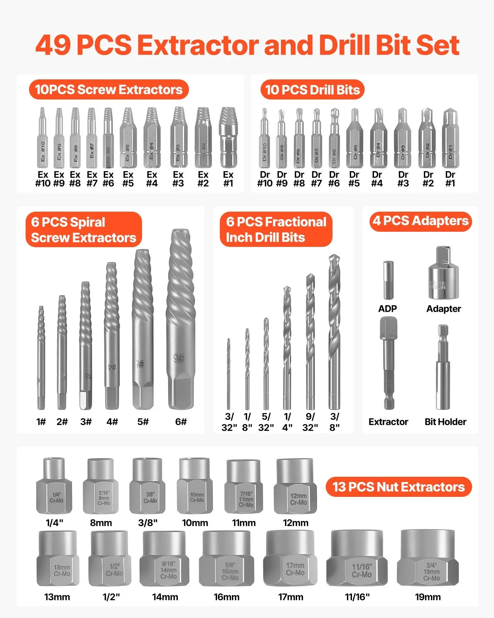 

Набор экстракторов для винтов с насадками для дрели, 49 предметов, экстракторы для гаек и болтов Easy Out и насадки для дрели, с адаптерами, прочный кейс для хранения