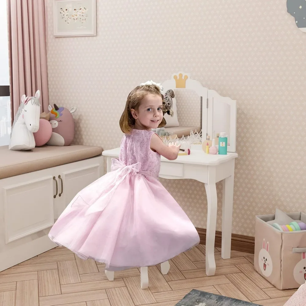 Kinderprinses kaptafel en stoelenset, kinderijdelheidsset met lade en drievoudig opvouwbare spiegel, 2-in-1 make-up kaptafel