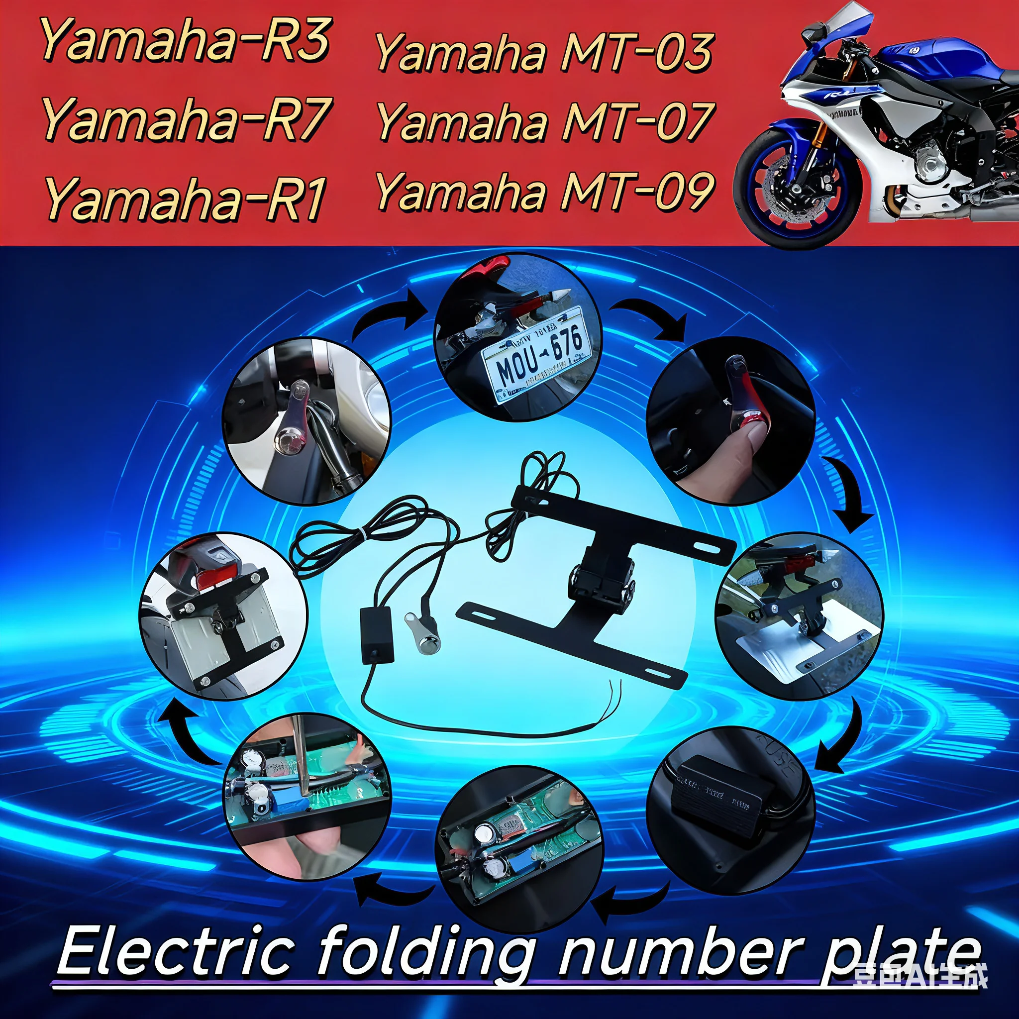 

The folding license plate will save you trouble. It is suitable for Yamaha R1, R3, R7, MT-03, MT-03, and MT-09,button switch.