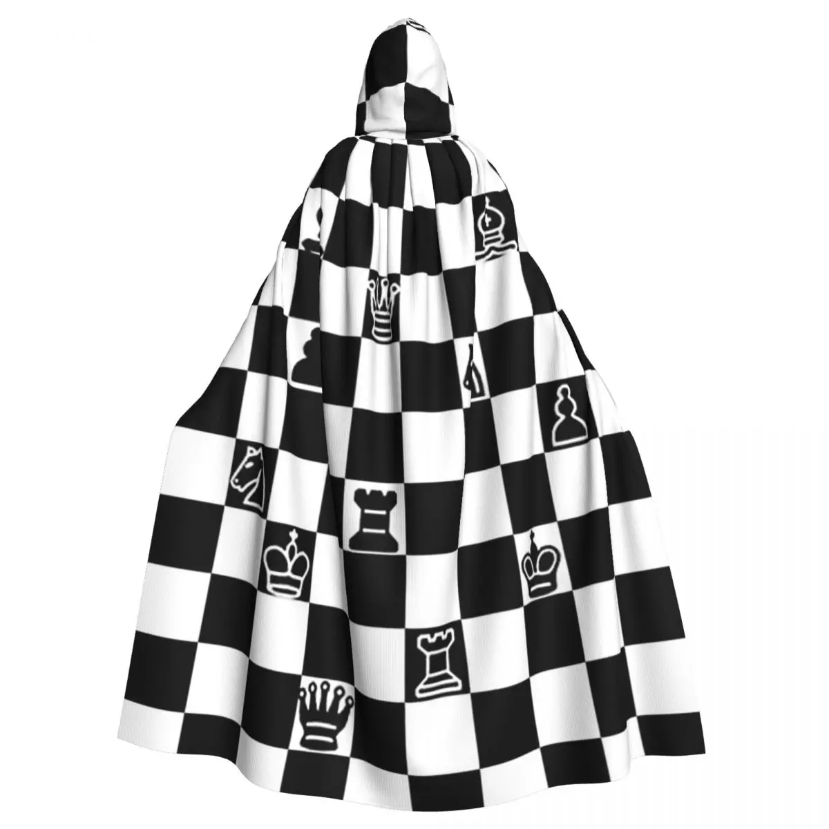 Black And White Chess Long Hooded Cloak Witch Medieval Costume Cosplay Cape HalloweenCoat Adult Unisex