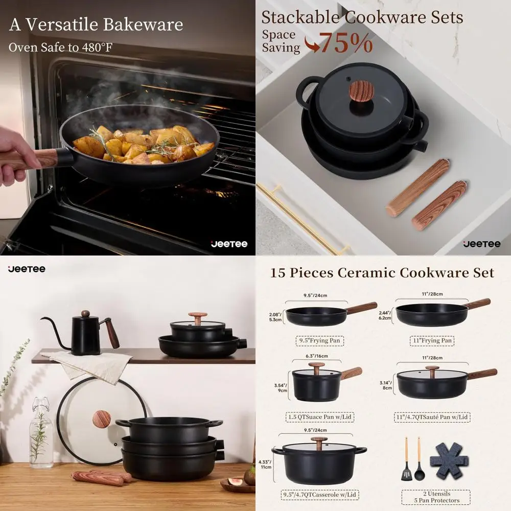 

15-Piece Non-Stick Ceramic Cookware Set with Removable Handles, Induction Compatible, Dishwasher and Oven Safe, PFAS/PFOA Free,