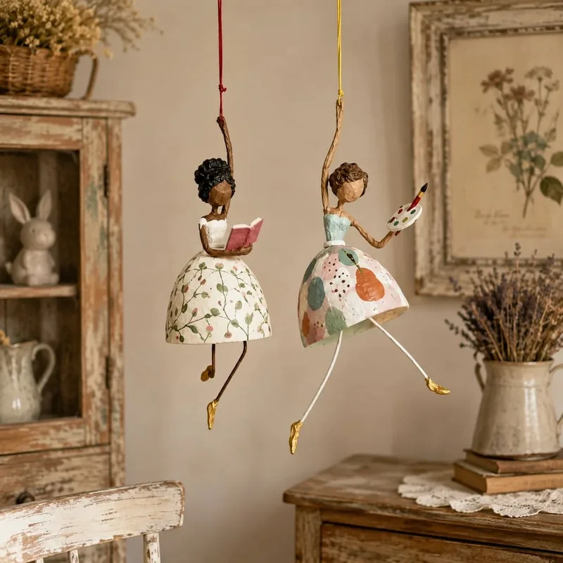 Vintage Country Style Swing Girl Hanging Figurine Floral Skirt Decorative Ornament Farmhouse Living Room Bedroom Home Decoration