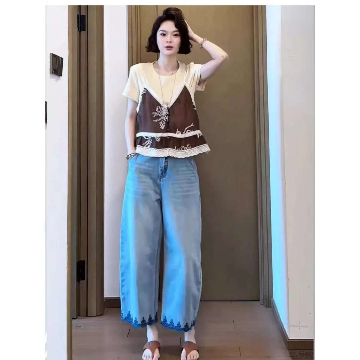 

High Waist Embroidered Slimming Jeans Women's Thin Retro Straight Leg Wide Leg Eighteen Pants Casual Sle Distred Denim