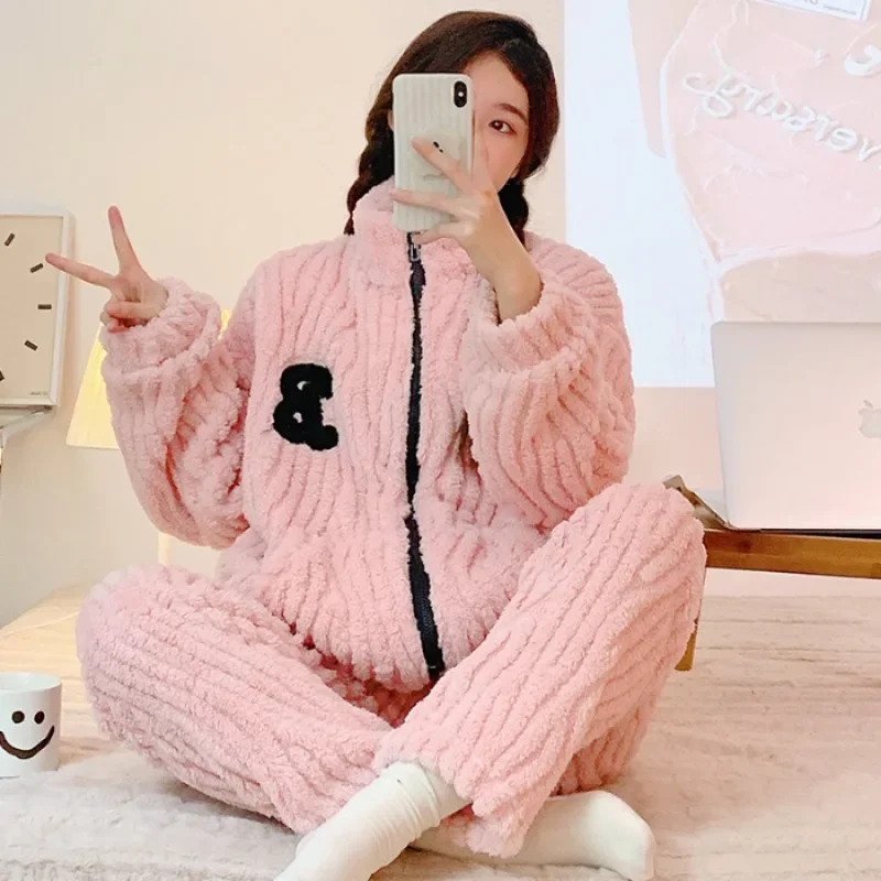 5XL Plus Size Winter Coral Fleece Pajamas Women Sweet Flannel Zip-up Loungewear Set Sleepwear Fleece-lined Thickened Homesuit