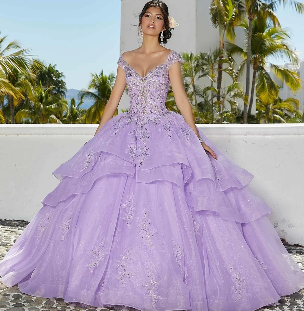 Evlast Lilac ชุด quinceanera คริสตัลเม็กซิกันชุดไปงานเต้นรำ beading appliques ชั้นรัดตัว Sweet 16 vestidos de XV anos TQD125