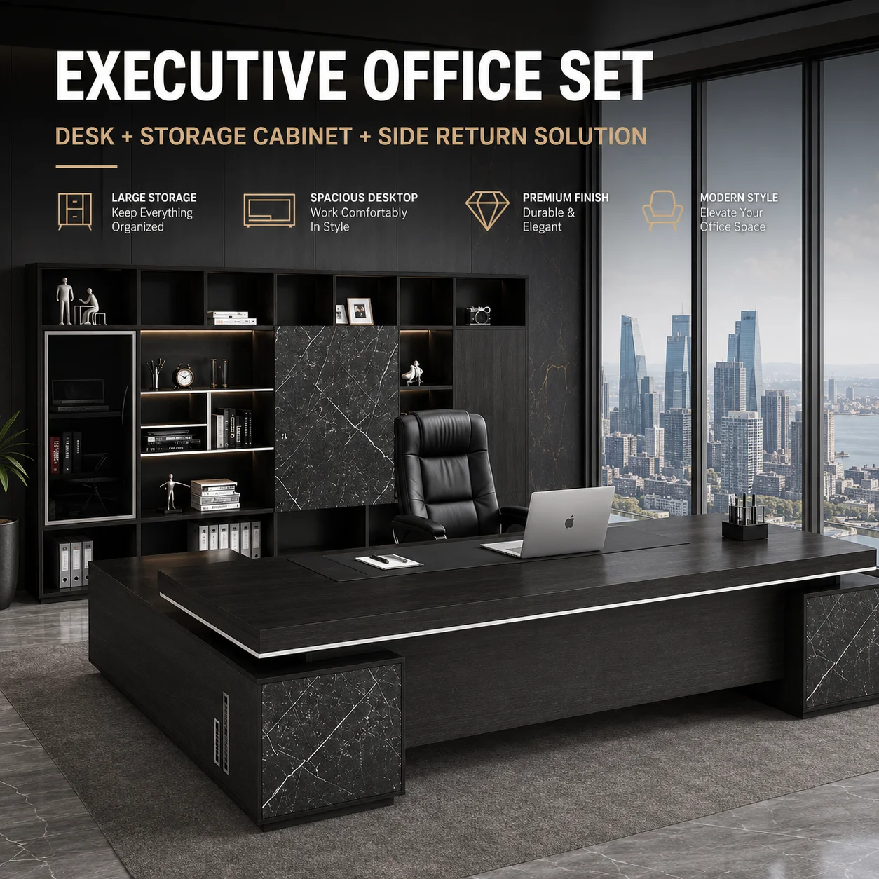 Modern Luxury L-Shaped Executive Workstation Hidden Cable Management High-density E1 MDF Office Desk Large Storage Cabinet