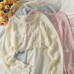 Women Frenum Cardigan Blouses and Tops Bow Lace Up Long Sleeve Crop Top Female Elegant Shirt Thin Aesthetic Clothes Korean Style