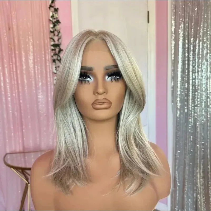 

Парик с кружевной передней частью 13x4, омбре, платиновый блонд, короткий боб, средней длины, женский, без клея, с многослойной стрижкой, синтетические волосы, 5% натуральных волос