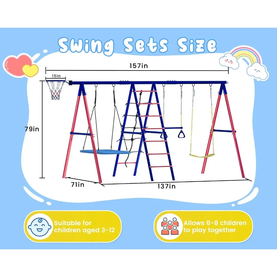 مجموعة أرجوحة معدنية شديدة التحمل 6 في 1 للعب في الهواء الطلق في الفناء الخلفي للأعمار 312 تتميز بموقتين لشبكات حبل سلم التسلق ترابيز B